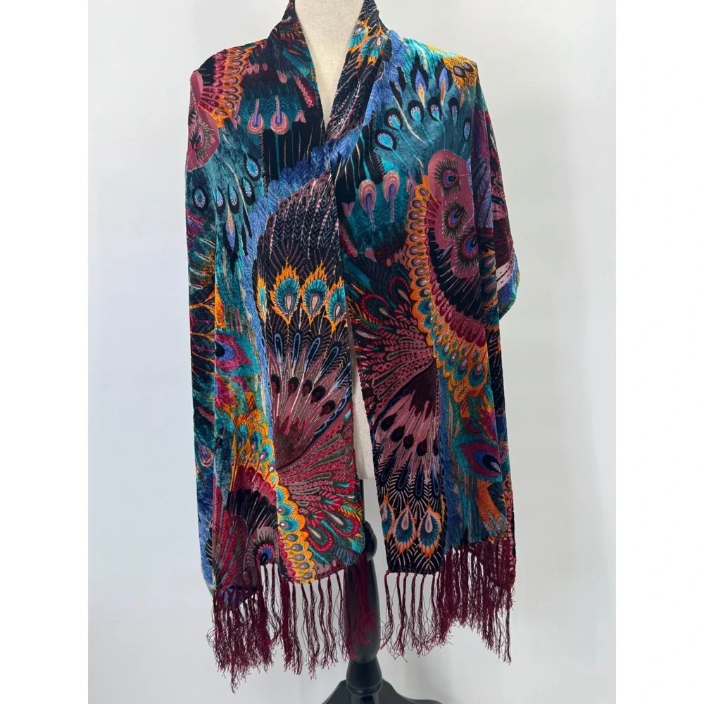 Women Peacock Colorful Vibrant Silk Blend Velvet Burnout Scarf Wrap Shawl Fringe